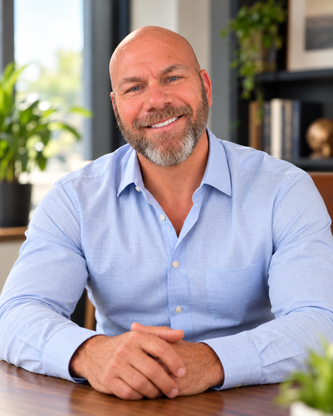 Eric Holmgren, founder of Holmgren Advisory Group, seated at his desk in a light blue shirt