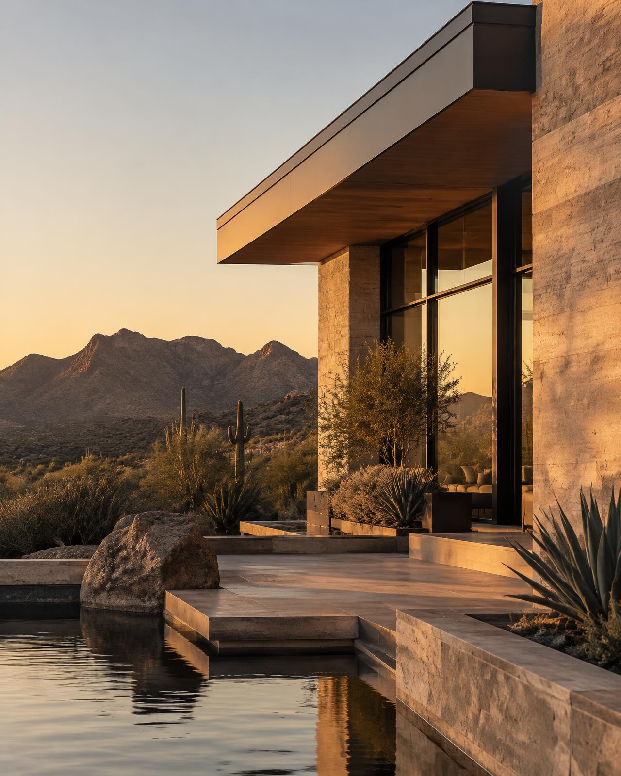Contemporary desert architecture at golden hour